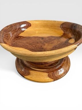 VTG Hand-Turned Wooden Pedestal Bowl - Two-Tone Natural Wood Mid Century 1970s